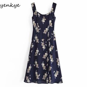 Sommer Frauen Vintage Floral Print Sexy Schlitze Kleid Weibliche V-ausschnitt A-line Midi Tank Chiffon Prairie Chic Urlaub Robe 210430