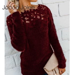 Women Autumn Lace Patchwork Sweater Casual Fleece Plush Pullover Elegant Hollow Out Slash Neck Sweater Knitted Tops Plus Size 210619