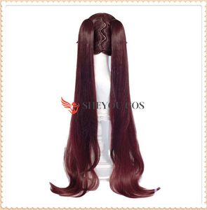 43 polegadas 110cm Long Brown Cosplay Hu Tao peruca com rabo de cavalo Genshin Impacto Hutao Heat Resistant Sintetic Hair + Cap Y0913