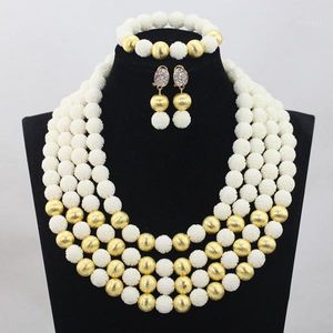 Earrings & Necklace Fabulous 4 Layers White Beaded African Fashion Jewelry Sets Gold Accessories Coral Set CNR709