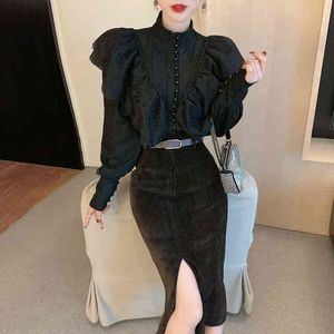 Fashion Spring Two Pcs Sets Women Single Breasted Ruffles stand Collar Lace Blouse & Hight Waist Split Sheath Velvet Skirt Outfi 210514