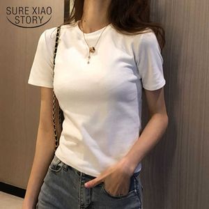 O-neck Short Sleeve T Shirt Summer Solid Slim Casual T-shirt Wild Basic Brushed Base Women Cotton Korean Tee Shirt 10376 210528
