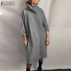 Zanzea Mulheres Midi Dress 2021 Moda Senhoras Turtleneck Vestidos Outono Irregular Sundress Casual Robe Sólido Femme Y1204
