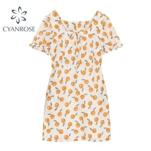 Printing Women Dresses Summer Korean Square Collar Short Puff Sleeve High Waist Bandage Ladies Beach Style Mini Dress 210515