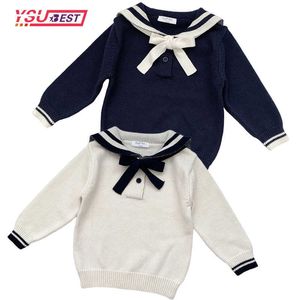 Primavera Outono Camisola Crianças Meninas Manga Longa Cor Pura Sweater Sweater Naval Estilo Crianças Meninas Pullover Suéteres das Crianças Y1024