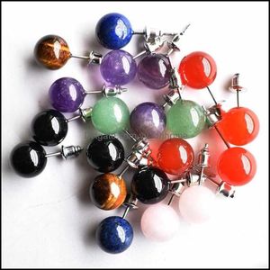 Stud Earrings Jewelry Natural Stone Mixed Crystal Quartzs Round Ball Beads Sier Color Fashion Ear Jewlry For Women Girl 20Pcs 220121 Drop De