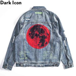 Geri Baskılı Sokak Moda Kot Ceket Erkekler Turn-down Yaka Ripped Denim Ceketler Streetwear Giyim 210603