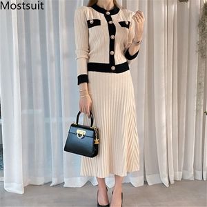 Elegant Vintage Apricot Knitted Two Piece Skirt Sets Women Autumn Winter Cardigan + Pleated Suits Fashion Ladies 210518