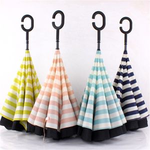 Creative Double Layer Pongee Stripe Reverse Umbrella Straight Long Handle Umbrella C-type Sun Protection Portable Umbrellas T500799