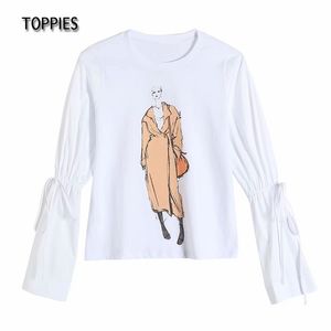 Moda Kızlar Baskı T-Shirt Beyaz Pamuk Uzun Kollu Tee Puff Woman Tops 210421