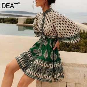 DEAT summer fashion women dress stand collar lantern sleeves printed single breasted waist belt mini dress WR36806L 210428