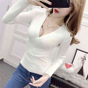 Wwenn Knitted Sweater Mulher sexy V-Neck Mulheres Suéteres e Pullovers Coreano Manga Longa Pull Femme Red Women Roupas 210507