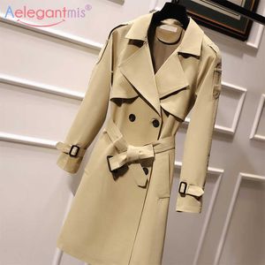 Aelegantmis Casual Double Breasted Long Trench Coat Women Fashion Belt Office Lady Chic Autumn Winter Outerwear Khaki 210607