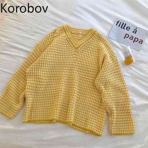 Korobov Novo V Neck Sweater de Manga Longa Estilo Coreano Preppy Sueter Mujer Outono Inverno Listrado Pullovers 210430