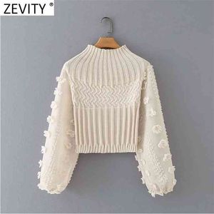Kvinnor Mode Appliques Chiffon Lantern Sleeve Patchwork Short Stickning Sweater Ladies Chic Pullovers Tops S631 210416