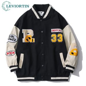 Хип-хоп Мужская бейсбольная куртка Harajuku Хлопковая уличная одежда Вышивка буква смешной смайлик лоскутный колледж куртки пальто пары 211103