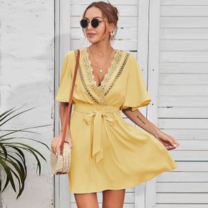 Dantel Dikiş Derin V Boyun Plaj Elbise Yaz Vintage Katı Renk Mini Elbise Bayan A-Line Beachwear Elbise Vestidos 210514