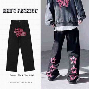 Vintage jeans herrvarum￤rke kl￤dstj￤rna broderier harajuku l￶s rak rak casual bredben byxor mode streetwear ropa hombre 0309