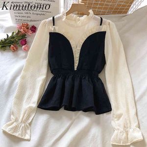 Kimutomo Feminino Painel Patchwork Blusas Senhoras Senhoras Collar Slim Ruffle Hem Flare Manga Tops Spring Korea Chic 210521