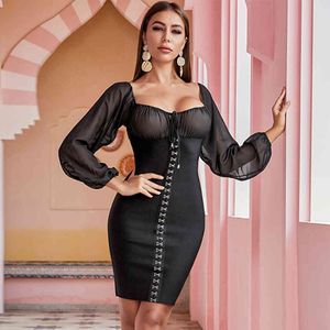 Jesień Długi Rękaw Bodycon Bandaż Dress Kobiety Sexy Siatki Bez Ramiączek Czarny Celebrity Runway Party Club Vestidos 210423