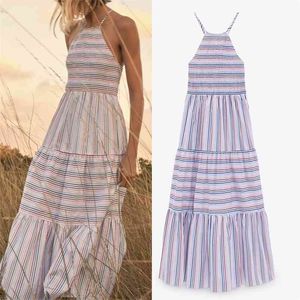 Frauen Sommer Casual Gestreiftes Kleid Ärmellose Spaghetti Strap Elastische büste Weibliche Elegante Straße Mid-Kalb Kleider Vestidos 210513