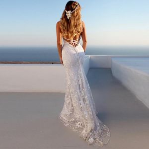 Sommer Braut Spitze Langes Kleid Bohemian Sexy Back Backless Weiß Meerjungfrau Kleider Weibliche Vestidos Flitterwochen Reise Kleidung Lässig