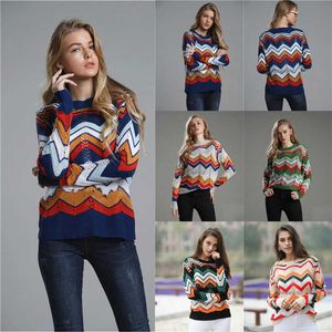 Sweater Kvinna Höströja Rund Neck Pullover Rainbow Striped Fashion Damkläder 210527