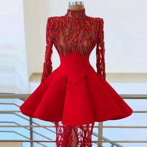Lyxig lång hög nacke röd boll klänning med ruffled brim klänning lämplig för fest prom visa bankett