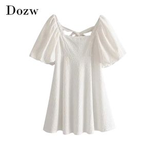 Verão Branco Mini Dress Mulheres Puff Manga Curta Doce Algodão Esbordar Back Bow Laço Oco Out Sólido Casual Vestidos 210515