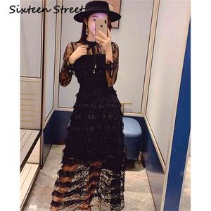 Autumn Black Lace Dress Woman Long-sleeve Cascading Ruffle O-neck Casual Elegant Party Female Design 210603