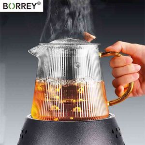 Borrey Dikey Çizgili Kristal Cam Çaydanlık Çıkarılabilir Filtre Puer Su Isıtıcısı Çiçek Seti Demlik Coffee Ware 210813