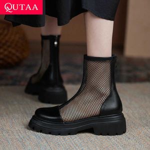 QUTAA Stivali freddi Vera pelle Maglia con cerniera Décolleté femminili Primavera Estate Punta tonda Quadrata Tacco alto Scarpe da donna Taglia 34-40 210911