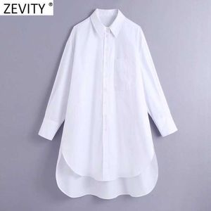 Zevity Women Fashion Long Sleeve Casual Loose Kimono Long Shirts Office Lady Poplin Blouse Roupas Chic Femininas Tops LS7401 210603