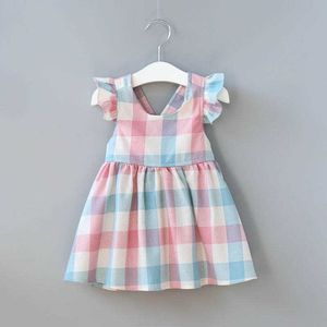 Partihandel Sommar Tjej Klänning Fare Ärm Plaid Bomull Suspender Knappar Casual Barnkläder 2-6Y LT003 210610