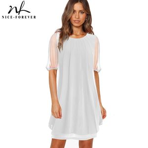 Nice-forever Sommer-Frauen-Chiffon-Kleider in reiner Farbe mit durchsichtigen Ärmeln, übergroßes Shift-Freizeitkleid bty334 210419