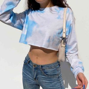 Tie Tintura Y2K Crop Top Feminino Feminino Moda Moda Novo Coreano Kawaii Harajuku Aesthetic Manga Longa Pullover Streetwear 210415