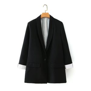 Evfer Office Lady Moda Paski Mankiet Patchwork Długie Blazers Outwear Kobiety Casual Single Sleeve Blazer Chic 210421