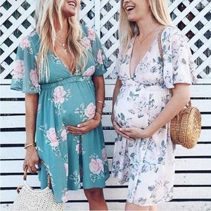 Annelik Elbiseler Kadınlar Yaz Rahat Kısa Kollu Hamile Annelik V Yaka Elbise Çiçek Analık Gebelik Giysileri # 520 Q0713