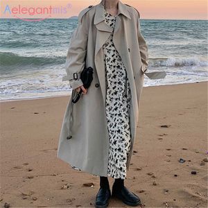 AELEGANTMISビンテージ韓国のファッション女性長いトレンチコートサッシ春秋のレトロカジュアルソフトメスカーキウインドブレーカーベルト210607