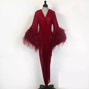 Burgundy Kinono Sleepwear Gowns Prom Dresses Luxury Feather Maternity Robes Women Photoshoot Bathrobe Fluffy Party Custom Made