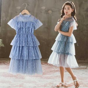 Teen Girls Layered Dress Blue Pink Mesh Daisy Kids Princess Dresses for Girls Clothes 2021 Summer Kids Costume 10 12 14 Years Q0716