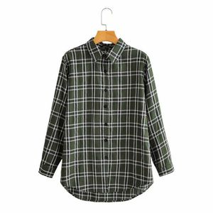 Streetwear Women Green Plaid Shirts Fashion Ladies Turn Down Collar Tops Vintage Female Chic Cotton 100% Blouses 210527