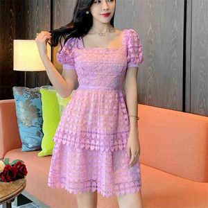 Alta Qualidade Moda Elegante Escavar Patchwork Lace Summer Dress Mulheres Coreano Bonito Doce Partido Vestidos Robe 210514