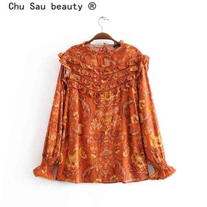 Chu Sau Beauty Fashion Bohoスタイルの花柄プリント夏のシャツビンテージシックな中空レースOネックブラウス女性の休日ウェア210508