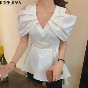 Korejpaa Women Shirt Korean Chic Simple Temperament Stitching Off-the-shoulder Design V Collar Waist Irregular Blouse Top 210526