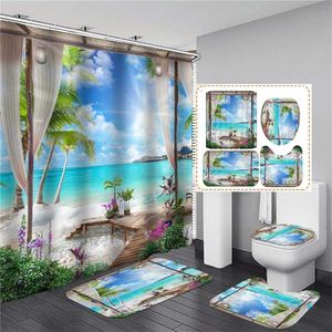 Ocean Tree Summer Beach Printed Shower Curtain Set Waterproof Bathroom Curtains Toilet Lid Cover Pedestal Rug Non-slip Bath Mat 211116