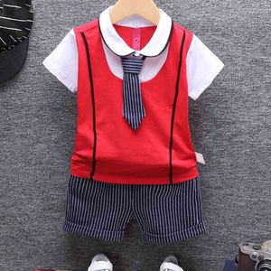 Boy Set Estate in cotone Bambino bambino abbigliamento formale festa di compleanno vestiti vestito T-shirt + pantalone + cravatta 3pcs per bambini 210515