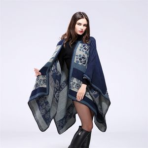European And American Style Ladies Autumn Winter Thick Flowers Warm Cashmere Shawl Cloak Computer Knitted 210427
