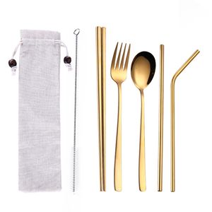 Creative Titanium Plated Portable Tableware 5-piece Gold color 304 Stainless Steel Spoon Chopsticks Set Straw Combination