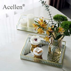 Glass Mirror Tray Gold/sliver/black Metal Edge Red Wine Plate Decorating Storage Tray Cake Tools Home Deco Modern Storage Trays 211110